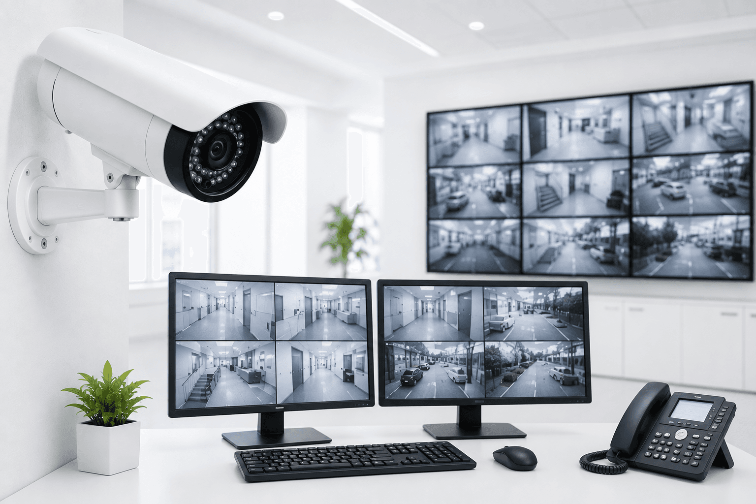 CCTV security camera mounted to a building ceiling